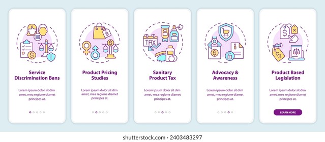 Iconos 2D que representan el juego de pantalla de la aplicación móvil de impuestos rosas. Recorrido 5 pasos instrucciones gráficas multicolor con concepto de iconos lineales, interfaz de usuario, UX, plantilla GUI.