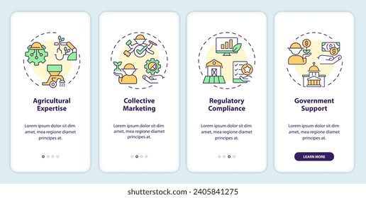 Iconos 2D que representan competencias y capacidades dentro del conjunto de pantalla de aplicaciones móviles de clústeres agroalimentarios. Recorrido de 4 pasos instrucciones gráficas multicolor con concepto de iconos lineales, UI, UX, plantilla GUI.