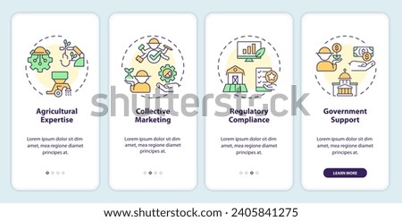 2D icons representing competences and capabilities within agri-food clusters mobile app screen set. Walkthrough 4 steps multicolor graphic instructions with linear icons concept, UI, UX, GUI template.