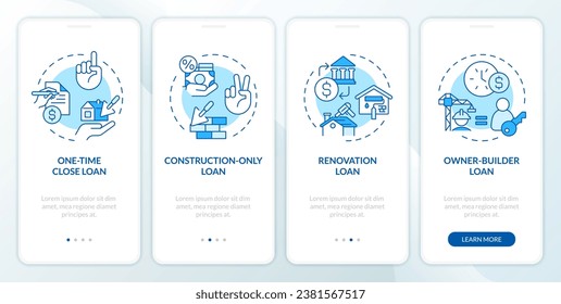 Iconos 2D que representan el costo de construcción de la aplicación móvil conjunto de pantalla. Recorrido de 4 pasos instrucciones gráficas azules con el concepto de iconos de línea, UI, UX, plantilla GUI.