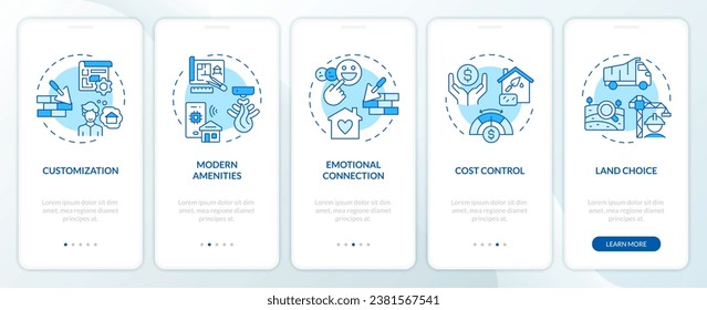 2D icons representing construction cost mobile app screen set. Walkthrough 5 steps blue graphic instructions with thin line icons concept, UI, UX, GUI template.