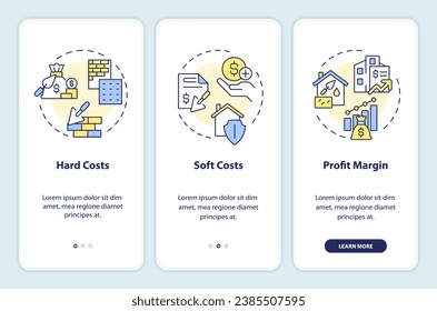 Iconos 2D que representan el costo de construcción de la aplicación móvil conjunto de pantalla. Recorrido 3 pasos instrucciones gráficas multicolor con el concepto de iconos de línea delgada, UI, UX, plantilla GUI.