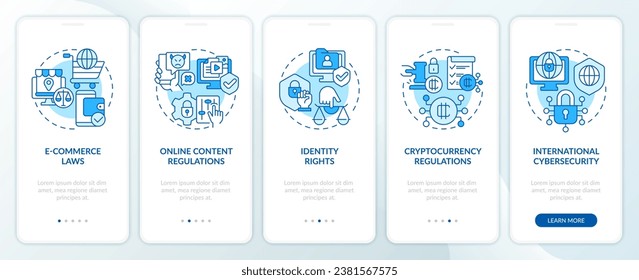 2D icons representing cyber law mobile app screen set. Walkthrough 5 steps blue graphic instructions with thin line icons concept, UI, UX, GUI template.