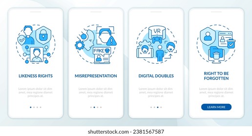 2D icons representing cyber law mobile app screen set. Walkthrough 4 steps blue graphic instructions with linear icons concept, UI, UX, GUI template.