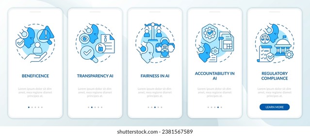 Iconos 2D que representan la pantalla de aplicación móvil de la ley cibernética. Recorrido 5 pasos instrucciones gráficas azules con el concepto de iconos de línea, UI, UX, plantilla GUI.