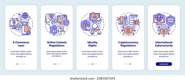 2D icons representing cyber law mobile app screen set. Walkthrough 5 steps multicolor graphic instructions with thin line icons concept, UI, UX, GUI template.