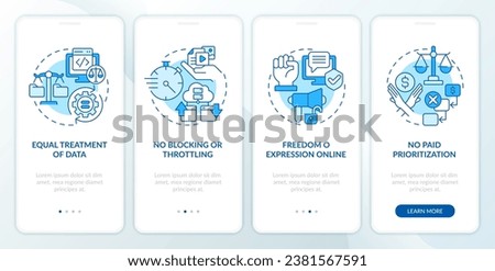 2D icons representing cyber law mobile app screen set. Walkthrough 4 steps blue graphic instructions with line icons concept, UI, UX, GUI template.