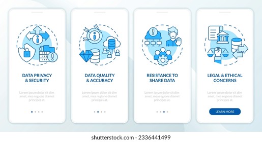 2D icons representing data democratization mobile app screen set. 4 steps graphic instructions, UI, UX, GUI template.