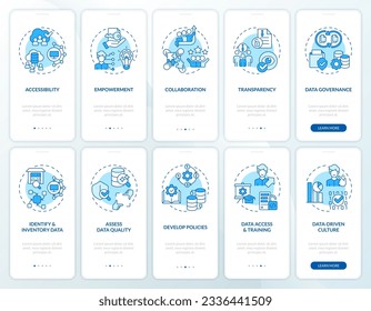 Iconos 2D que representan el conjunto de pantalla de la aplicación móvil de democratización de datos. Recorrido 5 pasos instrucciones gráficas azules con el concepto de iconos de línea delgada, UI, UX, plantilla GUI.