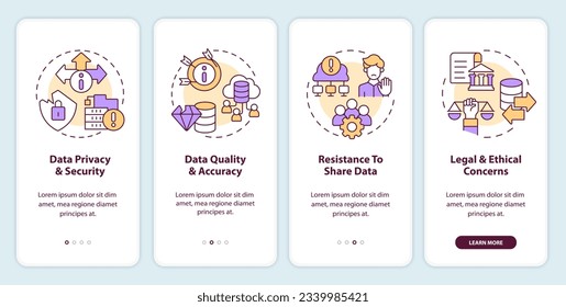 2D icons representing data democratization mobile app screen set. 4 steps graphic instructions, UI, UX, GUI template.