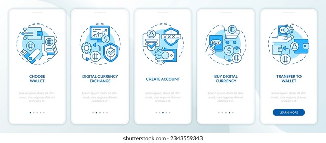Iconos 2D que representan el juego de pantalla de aplicación móvil de moneda digital. Recorrido 5 pasos instrucciones gráficas azules con el concepto de iconos lineales delgados, UI, UX, plantilla GUI.