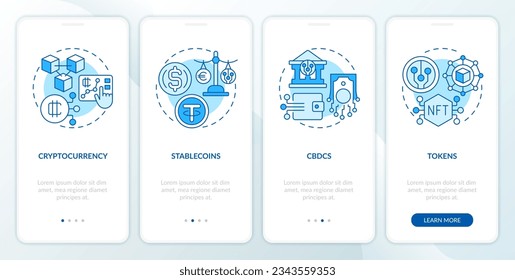 2D icons representing digital currency mobile app screen set. Walkthrough 4 steps blue graphic instructions with thin linear icons concept, UI, UX, GUI template.