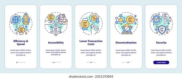 2D icons representing digital currency mobile app screen set. Walkthrough 5 steps colorful graphic instructions with thin line icons concept, UI, UX, GUI template.