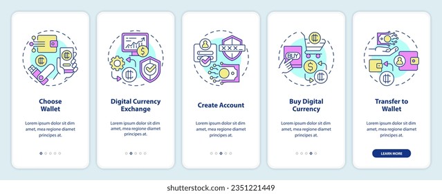 2D icons representing digital currency mobile app screen set. Walkthrough 5 steps multicolor graphic instructions with linear icons concept, UI, UX, GUI template.