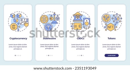 2D icons representing digital currency mobile app screen set. Walkthrough 4 steps colorful graphic instructions with thin line icons concept, UI, UX, GUI template.