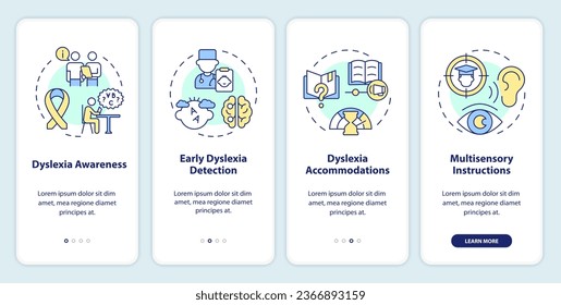 Iconos 2D que representan la pantalla de la aplicación móvil de dislexia. Recorrido de 4 pasos instrucciones gráficas multicolor con concepto de iconos lineales, UI, UX, plantilla GUI.