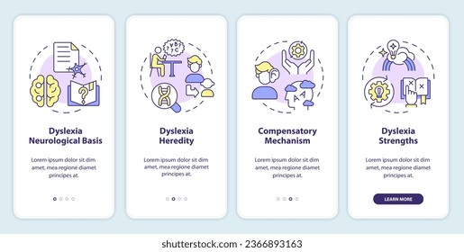 2D icons representing dyslexia mobile app screen set. Walkthrough 4 steps multicolor graphic instructions with thin linear icons concept, UI, UX, GUI template.
