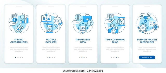 2D icons representing enterprise resource planning mobile app screen set. Walkthrough 5 steps blue graphic instructions with thin line icons concept, UI, UX, GUI template.