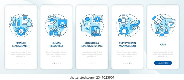 2D icons representing enterprise resource planning mobile app screen set. Walkthrough 5 steps blue graphic instructions with linear icons concept, UI, UX, GUI template.