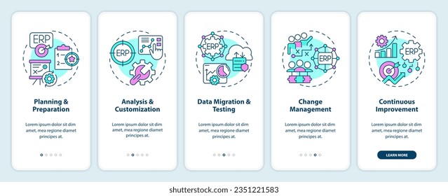 Iconos 2D que representan la pantalla de aplicación móvil de planificación de recursos empresariales. Recorrido 5 pasos instrucciones gráficas con el concepto de iconos lineales, UI, UX, plantilla GUI.