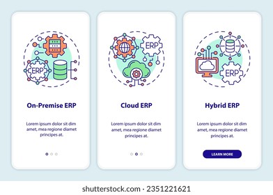 2D icons representing enterprise resource planning mobile app screen set. Walkthrough 3 steps graphic instructions with thin line icons concept, UI, UX, GUI template.