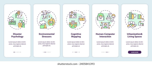 2D icons representing environmental psychology areas of study mobile app screen set. Walkthrough 5 steps multicolor graphic instructions with linear icons concept, UI, UX, GUI template.