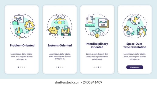 2D icons representing environmental psychology orientations mobile app screen set. Walkthrough 4 steps multicolor graphic instructions with linear icons concept, UI, UX, GUI template.