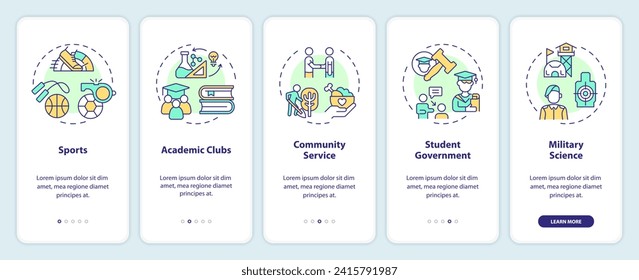 2D icons representing extracurricular activities concepts mobile app screen set. Walkthrough 5 steps multicolor graphic instructions with thin line icons concept, UI, UX, GUI template.