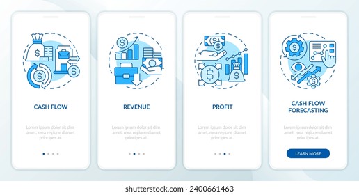 2D icons representing financial fundamentals monochromatic mobile app screen set. Walkthrough 4 steps blue graphic instructions with thin line icons concept, UI, UX, GUI template.