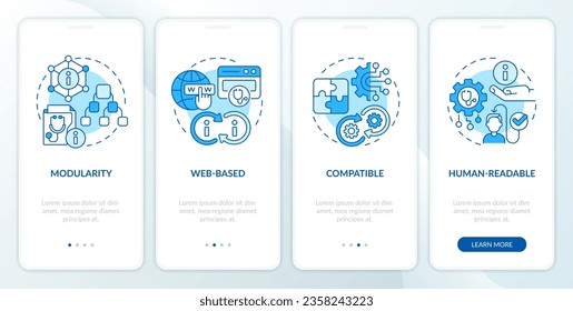 2D icons representing health interoperability resources mobile app screen set. Walkthrough 4 steps blue graphic instructions with thin line icons concept, UI, UX, GUI template.