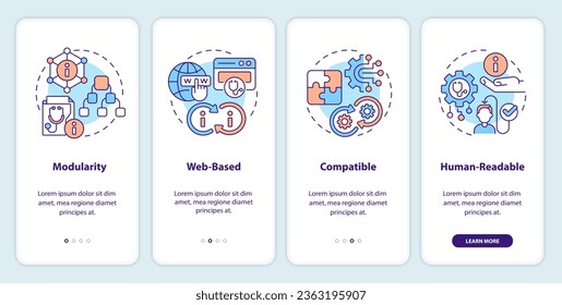 2D icons representing health interoperability resources mobile app screen set. Walkthrough 4 steps multicolor graphic instructions with thin line icons concept, UI, UX, GUI template.