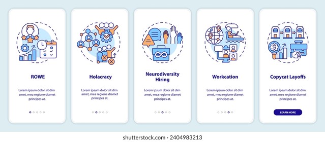 2D icons representing innovative approaches and management strategies mobile app screen set. Walkthrough 5 steps multicolor graphic instructions with linear icons concept, UI, UX, GUI template.