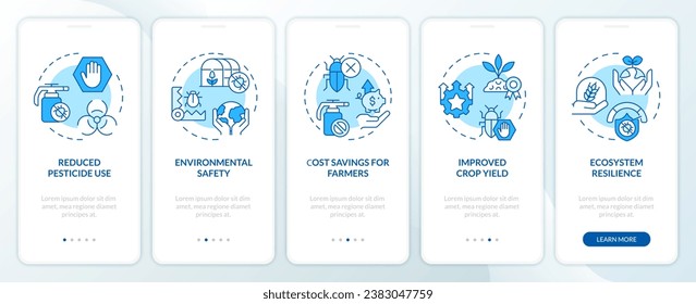 2D icons representing integrated pest management mobile app screen set. Walkthrough 5 steps blue graphic instructions with linear icons concept, UI, UX, GUI template.