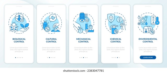 2D icons representing integrated pest management mobile app screen set. Walkthrough 5 steps blue graphic instructions with thin line icons concept, UI, UX, GUI template.