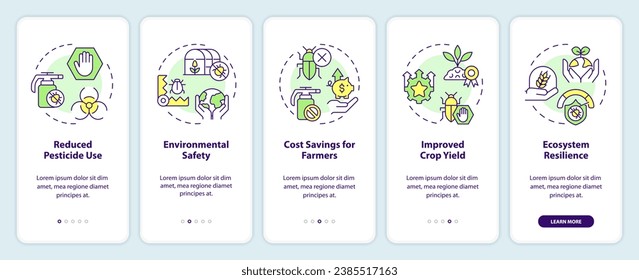 Iconos 2D que representan el conjunto de pantalla de aplicación móvil de gestión integrada de plagas. Recorrido 5 pasos instrucciones gráficas multicolor con concepto de iconos lineales, interfaz de usuario, UX, plantilla GUI.
