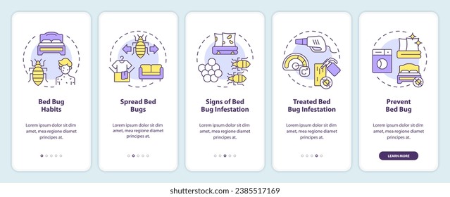 2D icons representing integrated pest management mobile app screen set. Walkthrough 5 steps multicolor graphic instructions with line icons concept, UI, UX, GUI template.