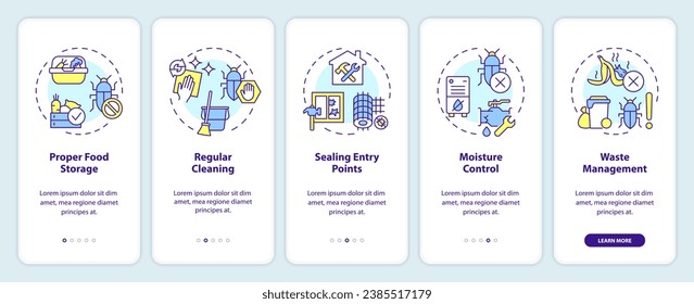 Iconos 2D que representan el conjunto de pantalla de aplicación móvil de gestión integrada de plagas. Recorrido 5 pasos instrucciones gráficas coloridas con el concepto de iconos de línea, UI, UX, plantilla GUI.