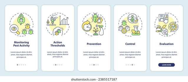 Iconos 2D que representan el conjunto de pantalla de aplicación móvil de gestión integrada de plagas. Recorrido 5 pasos instrucciones gráficas multicolor con el concepto de iconos de línea delgada, UI, UX, plantilla GUI.