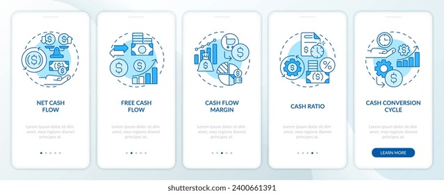 2D icons representing key metrics cash flow monochromatic mobile app screen set. Walkthrough 5 steps blue graphic instructions with line icons concept, UI, UX, GUI template.
