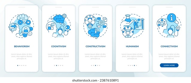 2D-Symbole, die Lerntheorien mobile App-Bildschirm-Set. Exemplarische Vorgehensweise: 5 Schritte blaue grafische Anleitungen mit Thin-Line-Icons-Konzept, Benutzeroberfläche, UX, GUI-Vorlage.