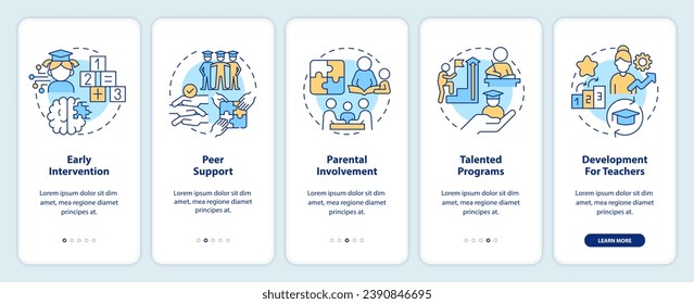 2D icons representing learning theories mobile app screen set. Walkthrough 5 steps multicolor graphic instructions with line icons concept, UI, UX, GUI template.