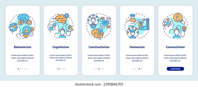 Iconos 2D que representan teorías de aprendizaje conjunto de pantalla de aplicación móvil. Recorrido 5 pasos instrucciones gráficas multicolor con el concepto de iconos de línea delgada, UI, UX, plantilla GUI.