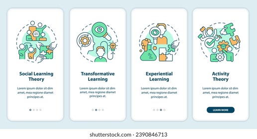 2D icons representing learning theories mobile app screen set. Walkthrough 4 steps colorful graphic instructions with thin line icons concept, UI, UX, GUI template.