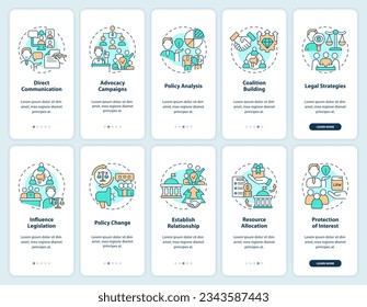 2D icons representing lobbying government mobile app screen set. Walkthrough 5 steps colorful graphic instructions with thin line icons concept, UI, UX, GUI template.
