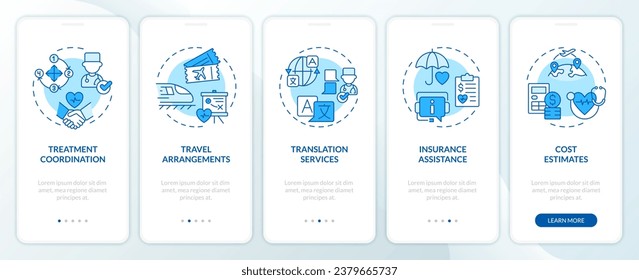 2D icons representing medical tourism mobile app screen set. Walkthrough 5 steps blue graphic instructions with line icons concept, UI, UX, GUI template.