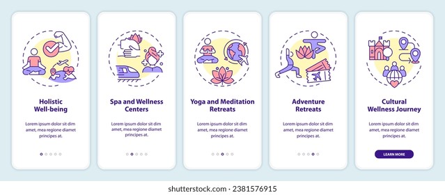 2D icons representing medical tourism mobile app screen set. Walkthrough 5 steps multicolor graphic instructions with thin line icons concept, UI, UX, GUI template.