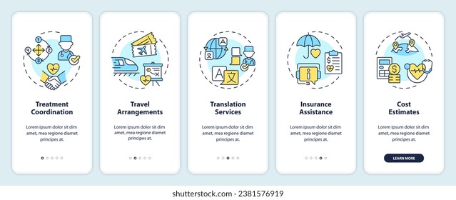 2D-Symbole, die den mobilen App-Bildschirm für den Medizintourismus darstellen. Durchsuchen Sie 5 Schritte bunter grafischer Anleitungen mit dem Liniensymbole-Konzept, Benutzeroberfläche, UX, GUI-Vorlage.