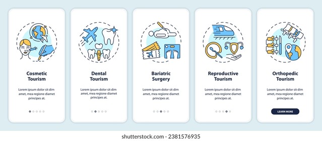 2D-Symbole, die den mobilen App-Bildschirm für den Medizintourismus darstellen. In 5 Schritten können Sie mehrfarbige grafische Anleitungen mit Thin-Line-Symbolen-Konzept, Benutzeroberfläche, UX, GUI-Vorlage ausführen.