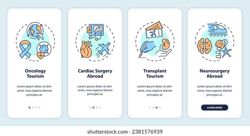 2D-Symbole, die den mobilen App-Bildschirm für den Medizintourismus darstellen. Durchsuchen Sie 4 farbige grafische Anleitungen mit Thin-Line-Icons-Konzept, Benutzeroberfläche, UX, GUI-Vorlage.