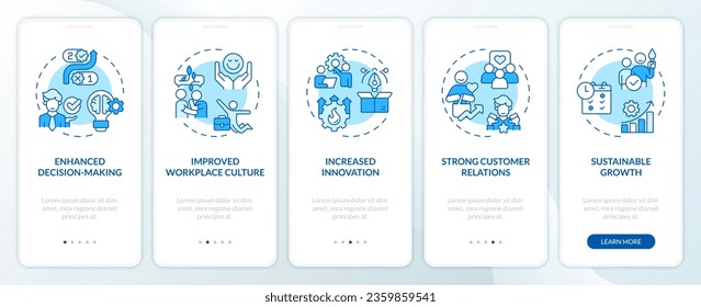 2D icons representing mindful entrepreneurship mobile app screen set. Walkthrough 5 steps blue graphic instructions with line icons concept, UI, UX, GUI template.